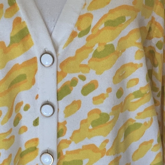Bob Mackie yellow/White V-neck cardigan, cotton blend, bright, large - Picture 4 of 6